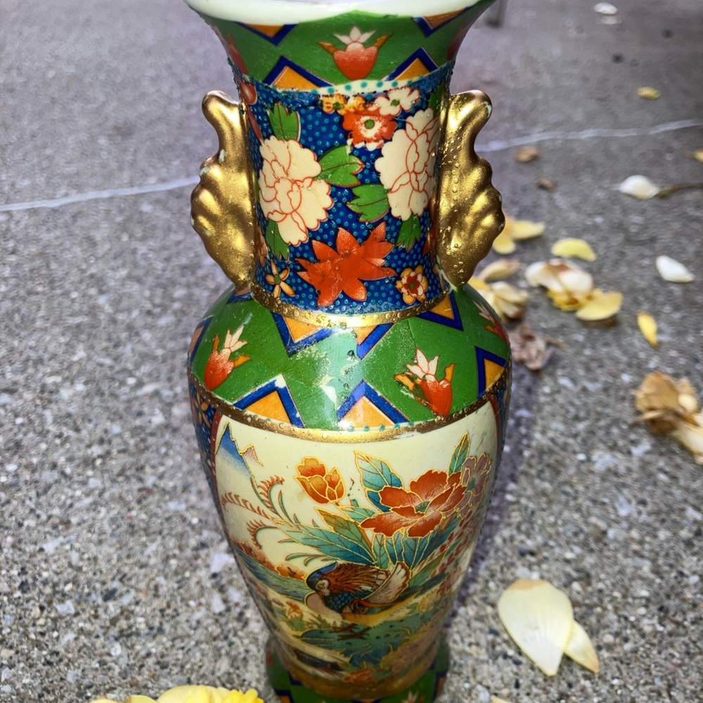 Artistic Floral Vase with Gold and Green Bird Accents Japan Hand Painted 8”